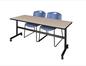 72" x 30" Flip Top Mobile Training Table - Beige and 2 Zeng Stack Chairs - Blue