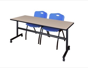 72" x 30" Flip Top Mobile Training Table - Beige and 2 "M" Stack Chairs - Blue