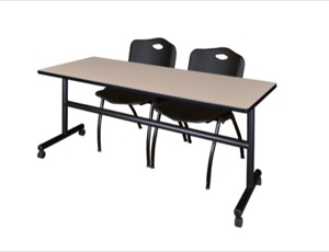 72" x 30" Flip Top Mobile Training Table - Beige and 2 "M" Stack Chairs - Black
