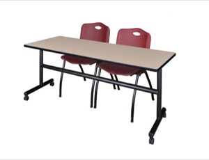 72" x 30" Flip Top Mobile Training Table - Beige and 2 "M" Stack Chairs - Burgundy