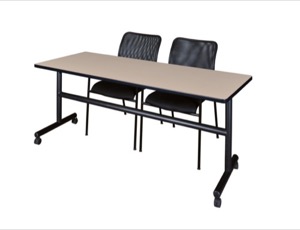 72" x 30" Flip Top Mobile Training Table - Beige and 2 Mario Stack Chairs - Black