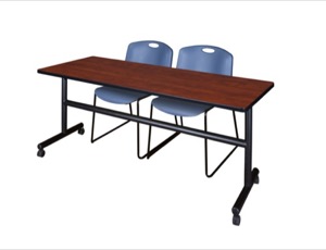 72" x 30" Flip Top Mobile Training Table - Cherry and 2 Zeng Stack Chairs - Blue