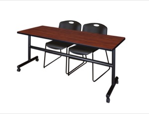 72" x 30" Flip Top Mobile Training Table - Cherry and 2 Zeng Stack Chairs - Black