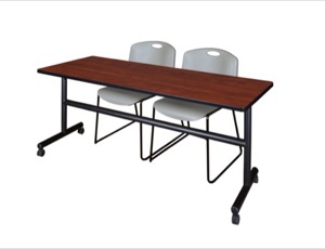 72" x 30" Flip Top Mobile Training Table - Cherry and 2 Zeng Stack Chairs - Grey