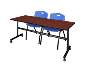 72" x 30" Flip Top Mobile Training Table - Cherry and 2 "M" Stack Chairs - Blue