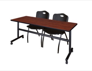 72" x 30" Flip Top Mobile Training Table - Cherry and 2 "M" Stack Chairs - Black