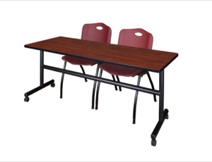72" x 30" Flip Top Mobile Training Table - Cherry and 2 "M" Stack Chairs - Burgundy