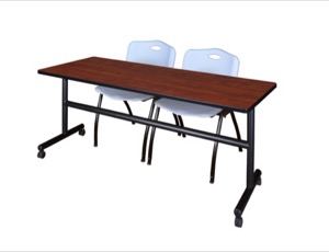 72" x 30" Flip Top Mobile Training Table - Cherry and 2 "M" Stack Chairs - Grey