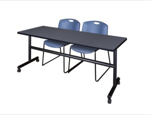 72" x 30" Flip Top Mobile Training Table - Grey and 2 Zeng Stack Chairs - Blue