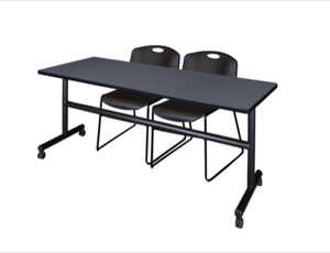 72" x 30" Flip Top Mobile Training Table - Grey and 2 Zeng Stack Chairs - Black