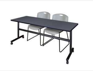 72" x 30" Flip Top Mobile Training Table - Grey and 2 Zeng Stack Chairs - Grey