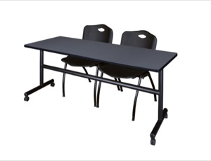 72" x 30" Flip Top Mobile Training Table - Grey and 2 "M" Stack Chairs - Black