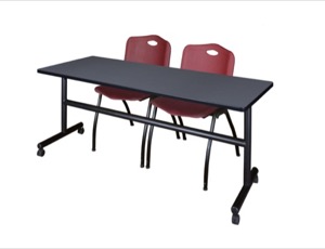 72" x 30" Flip Top Mobile Training Table - Grey and 2 "M" Stack Chairs - Burgundy