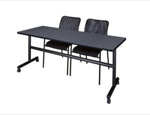 72" x 30" Flip Top Mobile Training Table - Grey and 2 Mario Stack Chairs - Black