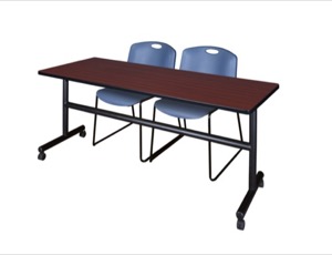 72" x 30" Flip Top Mobile Training Table - Mahogany and 2 Zeng Stack Chairs - Blue