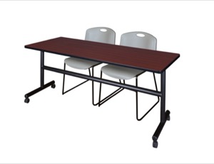 72" x 30" Flip Top Mobile Training Table - Mahogany and 2 Zeng Stack Chairs - Grey