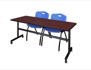 72" x 30" Flip Top Mobile Training Table - Mahogany and 2 "M" Stack Chairs - Blue