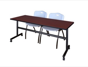 72" x 30" Flip Top Mobile Training Table - Mahogany and 2 "M" Stack Chairs - Grey