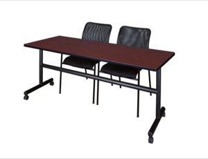 72" x 30" Flip Top Mobile Training Table - Mahogany and 2 Mario Stack Chairs - Black