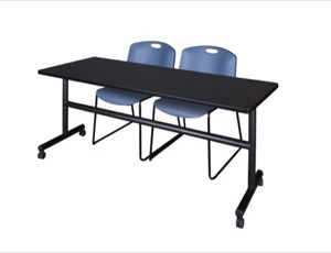 72" x 30" Flip Top Mobile Training Table - Mocha Walnut and 2 Zeng Stack Chairs - Blue