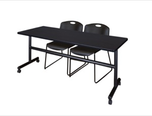 72" x 30" Flip Top Mobile Training Table - Mocha Walnut and 2 Zeng Stack Chairs - Black