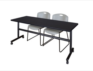 72" x 30" Flip Top Mobile Training Table - Mocha Walnut and 2 Zeng Stack Chairs - Grey