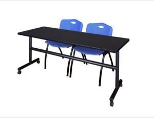 72" x 30" Flip Top Mobile Training Table - Mocha Walnut and 2 "M" Stack Chairs - Blue