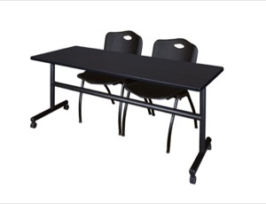 72" x 30" Flip Top Mobile Training Table - Mocha Walnut and 2 "M" Stack Chairs - Black