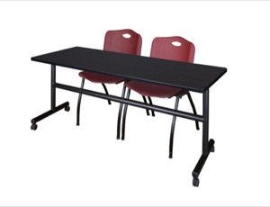 72" x 30" Flip Top Mobile Training Table - Mocha Walnut and 2 "M" Stack Chairs - Burgundy