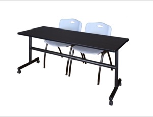72" x 30" Flip Top Mobile Training Table - Mocha Walnut and 2 "M" Stack Chairs - Grey