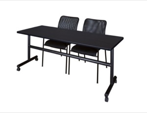 72" x 30" Flip Top Mobile Training Table - Mocha Walnut and 2 Mario Stack Chairs - Black