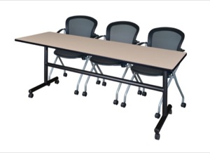 84" x 24" Flip Top Mobile Training Table - Beige and 3 Cadence Nesting Chairs