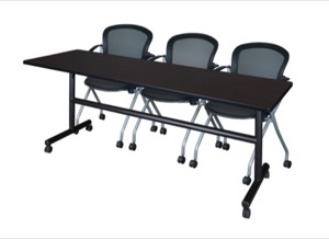 84" x 24" Flip Top Mobile Training Table - Mocha Walnut and 3 Cadence Nesting Chairs
