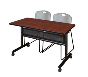 48" x 24" Flip Top Mobile Training Table with Modesty Panel - Cherry and 2 Zeng Stack Chairs - Grey
