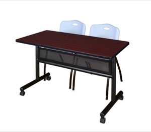 48" x 24" Flip Top Mobile Training Table with Modesty Panel - Mahogany and 2 "M" Stack Chairs - Grey
