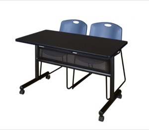 48" x 24" Flip Top Mobile Training Table with Modesty Panel - Mocha Walnut and 2 Zeng Stack Chairs - Blue