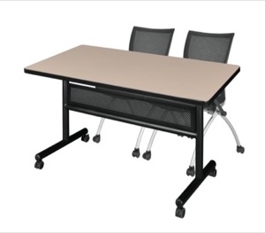 48" x 30" Flip Top Mobile Training Table with Modesty Panel - Beige and 2 Apprentice Nesting Chairs