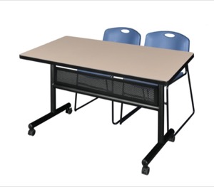 48" x 30" Flip Top Mobile Training Table with Modesty Panel - Beige and 2 Zeng Stack Chairs - Blue