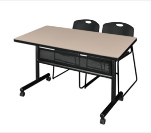 48" x 30" Flip Top Mobile Training Table with Modesty Panel - Beige and 2 Zeng Stack Chairs - Black