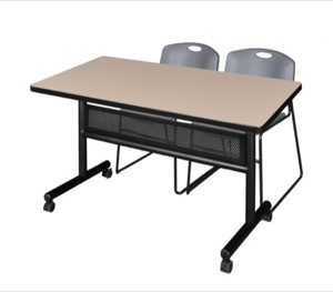 48" x 30" Flip Top Mobile Training Table with Modesty Panel - Beige and 2 Zeng Stack Chairs - Grey
