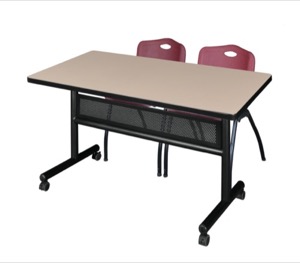 48" x 30" Flip Top Mobile Training Table with Modesty Panel - Beige and 2 "M" Stack Chairs - Burgundy