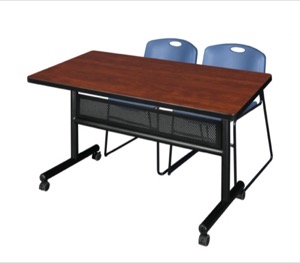 48" x 30" Flip Top Mobile Training Table with Modesty Panel - Cherry and 2 Zeng Stack Chairs - Blue