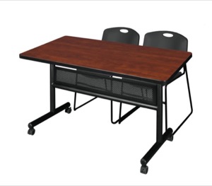 48" x 30" Flip Top Mobile Training Table with Modesty Panel - Cherry and 2 Zeng Stack Chairs - Black