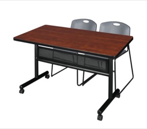 48" x 30" Flip Top Mobile Training Table with Modesty Panel - Cherry and 2 Zeng Stack Chairs - Grey
