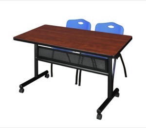 48" x 30" Flip Top Mobile Training Table with Modesty Panel - Cherry and 2 "M" Stack Chairs - Blue