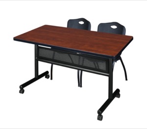 48" x 30" Flip Top Mobile Training Table with Modesty Panel - Cherry and 2 "M" Stack Chairs - Black