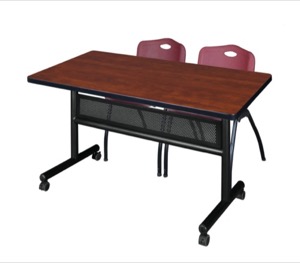 48" x 30" Flip Top Mobile Training Table with Modesty Panel - Cherry and 2 "M" Stack Chairs - Burgundy
