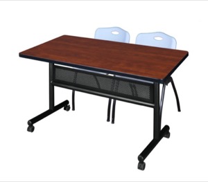 48" x 30" Flip Top Mobile Training Table with Modesty Panel - Cherry and 2 "M" Stack Chairs - Grey