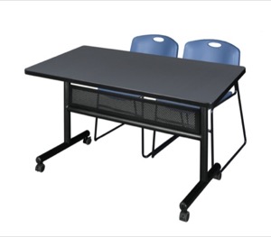 48" x 30" Flip Top Mobile Training Table with Modesty Panel - Grey and 2 Zeng Stack Chairs - Blue