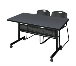 48" x 30" Flip Top Mobile Training Table with Modesty Panel - Grey and 2 Zeng Stack Chairs - Black